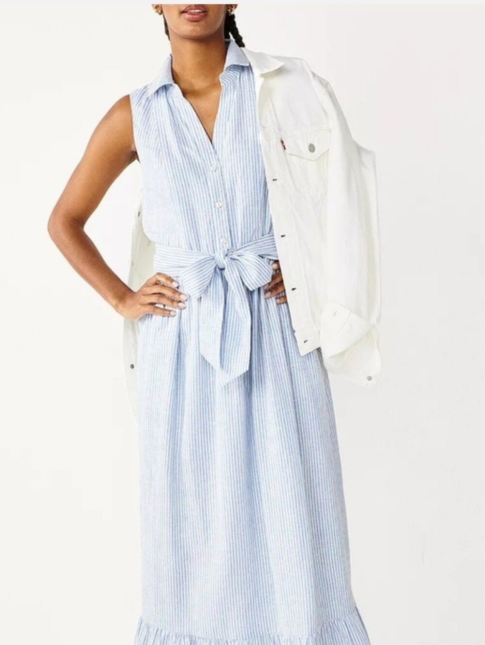 Draper James Light Blue Striped Tie-Waist SleevelessMaxi Dress Large